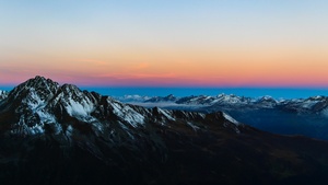 Snow covered, Mountain range, Glacier mountains, Peak, Aerial view, Sunrise, Landscape, Clear sky, Scenic, 4K wallpaper