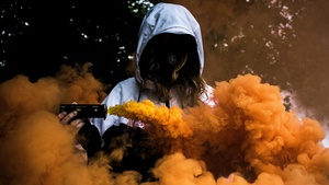 Person in Mask, Girl, Orange Smoke, Hoodie, Anonymous, Smoke Grenade, 4K wallpaper