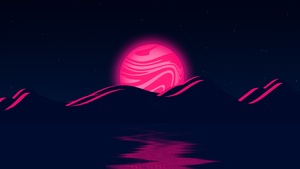 Pink Moon, Mountains, Illustration, Body of Water, Stars, Night, Dark background, Dark aesthetic, 4K wallpaper