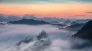 Mountain range, Foggy sunset, Orange sky, Landscape, Scenery, Mountain View, 4K wallpaper