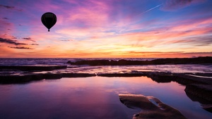 Hot air balloon, Sunset, Silhouette, Water, Landscape, Dusk, Orange sky, Star trail, 4K wallpaper