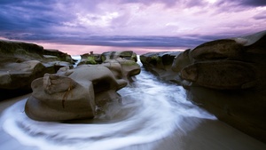Rocky coast, La Jolla, Sunset, Cloudy Sky, Seascape, Long exposure, Ocean, Beach, Purple sky, 4K wallpaper