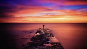 Seascape, Pier, Person Silhouette, Sunset, Horizon, Cloudy Sky, Long exposure, Landscape, Scenery, Vibrant, 4K wallpaper