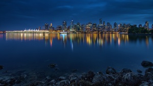 Vancouver City, Canada, Body of Water, Cityscape, City lights, Blue Sky, Night time, Skyscrapers, Reflection, Skyline, Long exposure, 4K wallpaper