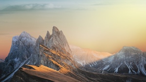 Glacier mountains, Snow covered, Landscape, Mountain Peaks, Sunset, Scenery, Clouds, 4K wallpaper