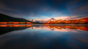 Grand Teton National Park, Wyoming, Sunrise, Reflection, Mountain Peak, Body of Water, Alpenglow, Landscape, Scenery, 4K wallpaper