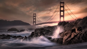 Golden Gate Bridge, California, Rocky coast, Water splash, Long exposure, Metal structure, Cloudy, Landmark, Dusk, Sunset, 4K wallpaper