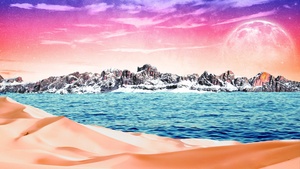 Mountains, Desert, Sea, Collage, Sunny day, Bright, Surreal, 4K wallpaper
