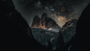 Three peaks of Lavaredo, Dolomites, Italy, Tourist attraction, Milky Way, Starry sky, Mountain Peaks, Snow covered, Night time, Outer space, 4K wallpaper