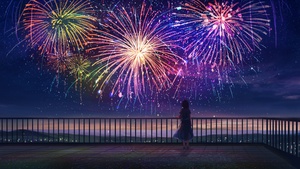 Anime girl, Fireworks, Colorful, Dream, Alone, Mood, Aesthetic, 4K wallpaper