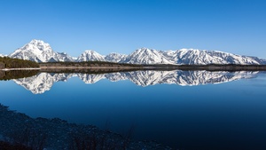 Grand Teton National Park, Wyoming, Landscape, Mirror Lake, Reflection, Blue Sky, Body of Water, Glacier mountains, Snow covered, Scenery, 4K wallpaper