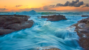 Ocean Waves, Seascape, Blue Water, Rocks, Sunset, Clouds, Orange sky, Landscape, 4K wallpaper