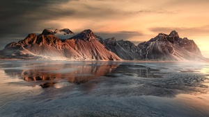 Vestrahorn, Sunrise, Snow covered, Mist, Iceland, Frozen, Winter, Mountain range, Landscape, Scenery, Stokksnes, 4K wallpaper