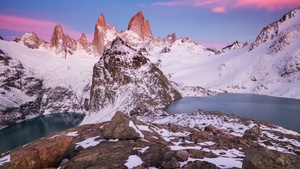 Glacier mountains, Winter, Snow covered, Body of Water, Sunrise, Peaks, Clear sky, 4K wallpaper