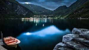 Geiranger, Norway, Village, Mountains, Lake, Dusk, Reflection, Landscape, Long exposure, Boat, Rocks, Clouds, Tourist attraction, 4K wallpaper