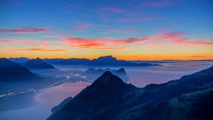 Afterglow, Golden hour, Switzerland, Fog, Mountain range, Dusk, Landscape, Scenery, 4K wallpaper