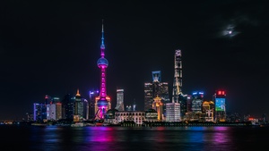 Shanghai City, Skyline, Night time, Cityscape, City lights, Body of Water, Reflection, Dark Sky, Skyscrapers, 4K wallpaper