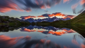 Mirror Lake, Mountain range, Reflection, Sunset, Afterglow, Long exposure, Landscape, Scenery, 4K wallpaper
