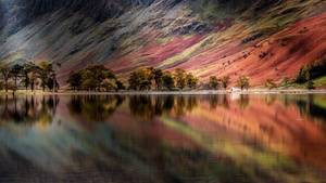 England, Pine trees, Reflection, Panoramic, Long exposure, Mountains, Landscape, Scenery, Ultrawide, 4K wallpaper