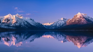 Glacier National Park, Snow covered, Mountain range, Reflection, Landscape, Scenery, Body of Water, Panoramic, Ultrawide, 4K wallpaper