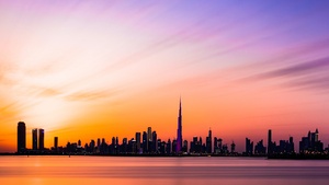Dubai City, Burj Khalifa, Skyline, Silhouette, Cityscape, Dusk, Sunset, Long exposure, Skyscrapers, 4K wallpaper