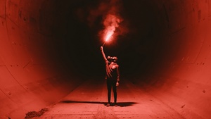 Tunnel, Man in Mask, Underground, Fireworks, Dark red, 4K wallpaper