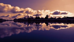 Lake, Sunset, Body of Water, Twilight, Evening sky, Clouds, Reflection, Trees, Dusk, Scenery, Panorama, Ultrawide, 4K wallpaper