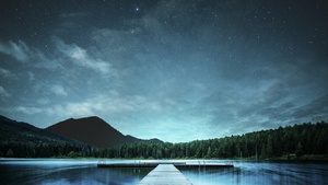 Jetty, Lake, Night sky, Landscape, 4K wallpaper
