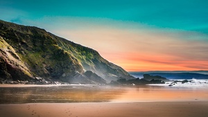 Seashore, Beach, Sunset, Dawn, Landscape, Scenery, Rocks, 4K wallpaper