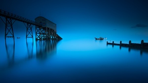 England, Seascape, Blue background, Moonlight, Pier, Long exposure, Reflection, 4K wallpaper