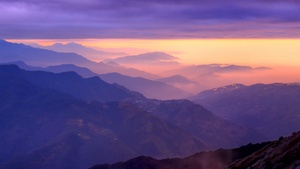 Mountain range, Aesthetic, Sunset, Purple sky, Foggy, Clouds, Landscape, Aerial view, 4K wallpaper