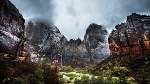 Zion National Park, Waterfall, Cliffs, Stormy, Cloudy Sky, Valley, Landscape, Rock formations, 4K wallpaper