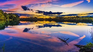 Mirror Lake, Sunset, Reflection, Dusk, Clouds, Scenery, Pleasant, Trees, Body of Water, Evening sky, 4K wallpaper