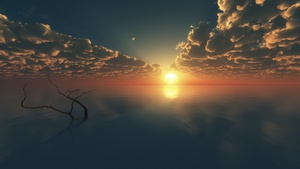 Sunset, Cloudy Sky, Horizon, Body of Water, Reflection, Seascape, Tree Branch, Digital render, Ocean, 4K wallpaper