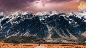 Endless Road, Thunderstorm, Mountain range, Cloudy Sky, Extreme Weather, Mystic, 4K wallpaper