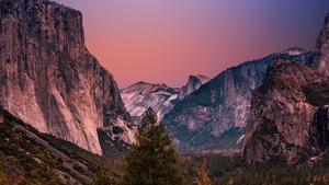 Yosemite Valley, United States, Golden hour, Landscape, Mountain range, Cliffs, Purple sky, 4K wallpaper