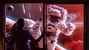 Astronaut, Dreamy, Window, Space exploration, 4K wallpaper