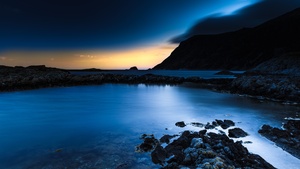 Rocky coast, Norway, Twilight, Sunset, Long exposure, Mountain, Dusk, Body of Water, Landscape, Night time, 4K wallpaper