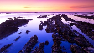 Fitzgerald marine reserve, Sunset, California, USA, Moss Beach, Rocks, Purple sky, Landscape, Seascape, Body of Water, Ocean, Horizon, Clear sky, 4K wallpaper