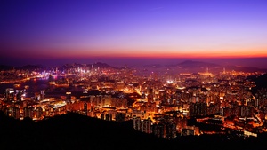 Hong Kong City, Night time, Aesthetic, Skyline, Sunset, Cityscape, Aerial view, City lights, Dusk, Horizon, Clear sky, Skyscrapers, 4K wallpaper
