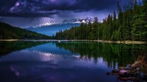 Canada, Jasper National Park, Landscape, Reflection, Green Trees, Dark clouds, Stormy, Glacier mountains, Snow covered, 4K wallpaper