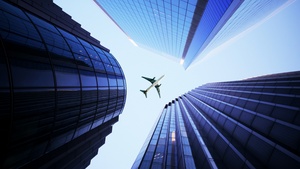 Skyscrapers, Airplane, High rise building, Metropolis, 4K wallpaper