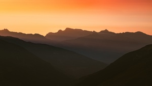 Swiss Alps, Silhouette, Mountain range, Orange sky, Sunset, Landscape, Scenery, 4K wallpaper