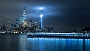 New York City, Reflection, City Skyline, Landscape, Night time, City lights, Cityscape, Body of Water, Light beam, Dock, Skyscrapers, Spotlight, 4K wallpaper