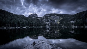 Bear Lake, Rocky Mountain National Park, Mountain View, Cloudy Sky, Reflection, Body of Water, Landscape, Scenery, 4K wallpaper