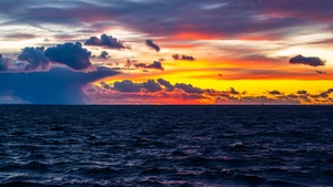 Sunset, Ocean view, Cloudy Sky, Dusk, Horizon, Seascape, 4K wallpaper