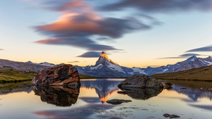 Matterhorn, Lake, Switzerland, Stellisee, Sunrise, Alpenglow, Reflection, Landscape, Scenery, Rocks, Golden hour, 4K wallpaper