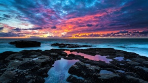 Rocky coast, Cape Arago, Sunset, Seascape, Long exposure, Sea waves, Cloudy Sky, Evening, Landscape, Scenery, Horizon, 4K wallpaper