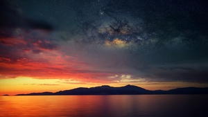Sunset Orange, Silhouette, Landscape, Astronomy, Galaxies, Milky Way, Starry sky, Scenery, Mountains, 4K wallpaper