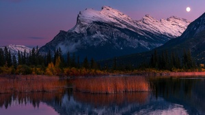 Canada, Canadian Rockies, Glacier mountains, Snow covered, Blue Sky, Reflection, Moonrise, Landscape, 4K wallpaper